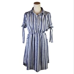 Monteau Blue White Striped Shirt Dress M Tie Sleeves Pockets Nautical Chic Mini